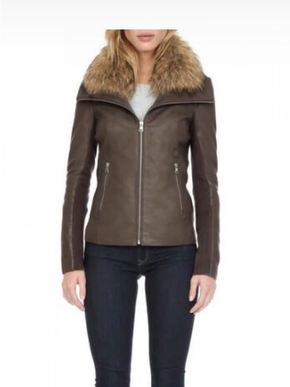 Women's taupe  Leather Jacket with Fur Collar